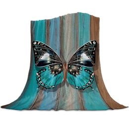 Blankets Wooden Texture Turquoise Butterfly Throw Blanket Home Decoration Sofa Warm Microfiber For Bedroom