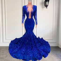 Prom Elegant Dresses Long Sleeve Sheer O-Neck Mermaid Style Royal Blue Sequin African Black Girls Evening Party Gowns