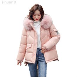 Winter Glossy Down Cotton Coat Women White Pink Gray Tops New Loose Hooded Fashion Thick Warm Parkas Jacket L220730