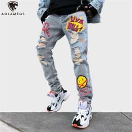 Aolamegs Jeans Men Punk Cool Graffiti Denim Pants Men Broken Hole Trousers Cute Letter Print Jeans High Street Casual Streetwear T200614