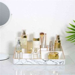 Makeup Organizer 9 Compartments Cosmetic Storage Display Case Durable Makeup Accessories Storage Box White Marble 210330