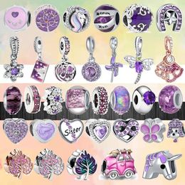 925 Sterling Silver Dangle Charm New Cute Purple Series Mom Sister Butterfly Dog Unicorn Beads Bead Fit Pandora Charms Bracelet DIY Jewelry Accessories