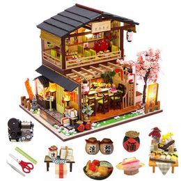 grey toys Canada - Big Dollhouse Diy Miniature Kit Roombox Tiny House Building Model Japanese Sushi Shop Wooden Doll House Furniture Kids Toys Gift AA220325