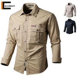 Fashion Cargo Men Shirt Pure 100% Cotton Long Sleeved Solid Dress Casual Slim Bomber Military s Camisa Masculina 220322