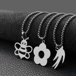 Stainless Steel Retro Bar Flower Bee Cool Hip Hop Necklace Men and Women Trend Swallow Pendant Fashion Jewellery for Boy and Girl