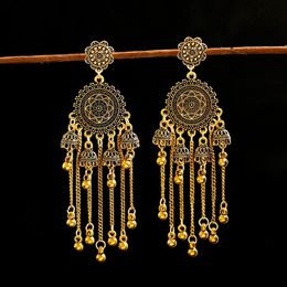gold dangling earrings Canada - Dangle & Chandelier Egypt Turkish Womens Long Chain Bell Tassel Earrings Ethnic Gold Color Round Flower Carved Dangling Earring Jewel