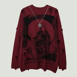 Streetwear Destroyed Hole Knitted Sweaters Mens Hip Hop Harajuku Priest Salvation Printed With Chain Oversized Pullovers Unisex 220817