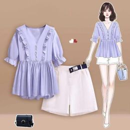 Women's Tracksuits Summer Shorts Suit Women's Large Size Fashion Ruffled Flared Sleeve Chiffon Shirt High Waist Wide Leg Two-piece SetWo