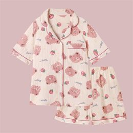 QWEEK Cotton Strawberry Pajamas for Women Kawaii Suits with Shorts Summer Pijama Funny Bear Print Sleepwear Cute Pyjamas 220321