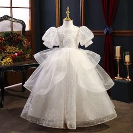 New Arrival Flower For Wedding Long Pearls Beads First Holy Communion Dresses Lace Ball Gown Girls Pageant Gowns 403