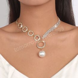 Luxury Bling Crystal Simple Circle Big Simulated Pearl Beads Pendant Necklace Party Jewellery