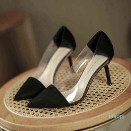 summer high heels women's transparent splicing pointed thin heel single shoes Baotou temperament wedding shoes