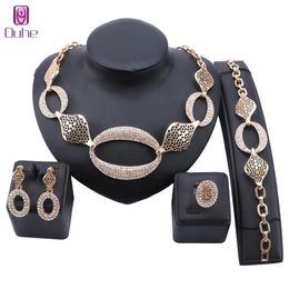 Women Delicate Gold Bridal Rhinestone Pendant Collar Necklace Bracelet Crystal Earrings Rings Wedding Accessories Jewelry Sets