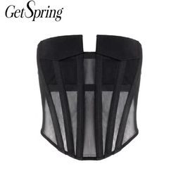 GetSpring Women Crop Tops Zipper Lace Corset Fishbone Tank Sexy Backless Strapless High Waist Summer Fashion 220316