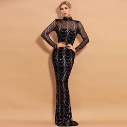 Casual Dresses Party Long Dress Women Bandage Prom Vestidos Bodycon High Neck Sequins See Though Maxi Elegant Sleeve Sexy Female