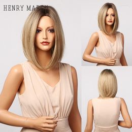 brown ombre hair Canada - Synthetic Wigs HENRY MARGU Mixed Brown Ombre Medium Straight Bob Cosplay Middle Part Hair For White Women Heat Resistant Kend22
