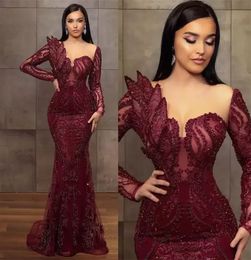 2023 Gorgeous Burgundy Beaded Evening Dresses Mermaid Sheer Neck Prom Dress Long Sleeves Formal Party Second Gowns Arabic Aso Ebi Major BC12326 GB1108