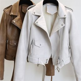 Ftlzz Spring Autumn Women Faux Leather Jacket Slim Streetwear Khaki Leather Coat Biker Moto Jacket with Belt Female Outerwear 220815