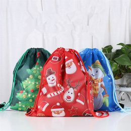 Christmas Drawstring Bag Xmas Santa Claus Snowman Elk Tree Printed Sling Bags Kids Polyster Backpacks Cartoon School Pouch Boys Girls Bundle Pocket Pull