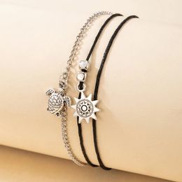 Link Chain Vintage Silver Colour Tortoise Sun Pendant Anklets for Women Girl Black Rope Animal Anklet Statement Jewellery