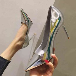 High Heels Women New Sexy Patent Leather Stiletto Shoes Silver Chocolate Shallow Pointed Shoes Women High-heeled Shoes 9.5CM G220516