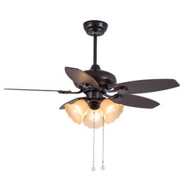 42inch American Retro Vintage Ceiling Fans With Chandelier Light Glass Shade And Wood Blade for Bedroom Living Room 110V 220V