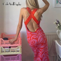 Elegant Backless Knitted Maxi Dresses Vintage Harajuku Print Sexy Beach Boho Korean Aesthetic Cute Cuteandpsycho 220613