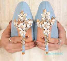 Fashion-Lady's quality Party Leather Elegant Comfort Shoes Pointed Toe High Heel Stiletto Women's Shoes Metal Flower Wedding Shoes Banquet