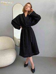 Clacive Casual Loose Black Cotton Dress Woman Robes Autumn Lace-Up Long Sleeve Midi Dress Elegant Slit Sleep Dresses For Women T220804