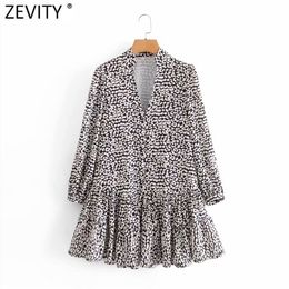 Zevity New Women Vintage V Neck Digital Leopard Print Hem Pleat Ruffles Mini Dress Lady Long Sleeve Chic Business Vestido 210319