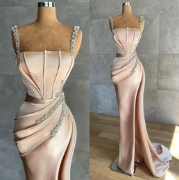 Chic Sheath Mermaid Evening Dresses 2022 Latest Sexy Spaghetti Strap Sequins Pleats Long Formal Party Celebrity Prom Gowns Vestido304o