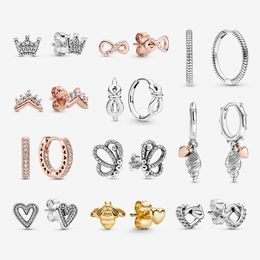 New Original 925 Sterling Silver Earrings 2022 Crystal Stud Earrings Women Rose Gold Crown Infinity Heart Bee Earrings Jewellery