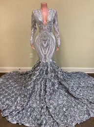 Dubai Arabic New Fashion Silver African Long Mermaid Prom Dresses V Neck Full Sleeve 3D Flowers Train for Women Formal Party Evening Gowns Custom Made
