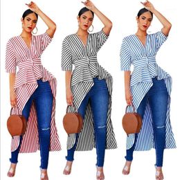 Women's Blouse Asymmetrical Ruffles Black Blue Red White Striped Full Sleeve Deep V-collar Elegant Office Style For Ladies Blouses & Shirts