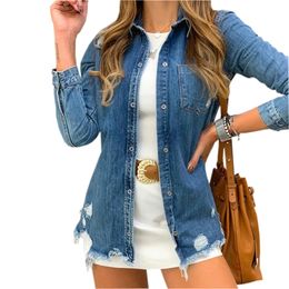 Casual Women Denim Jacket Coat Autumn New Long Sleeve Jeans Jackets Lapel Tops Pocket Single Breasted Coat Steetwear LJ200813