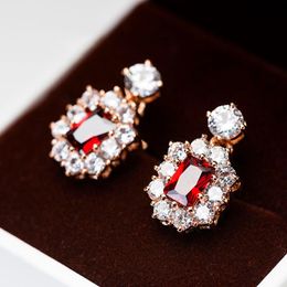 Clip-on & Screw Back Charm Female Red Crystal Clip Earrings Silver Colour For Women Luxury Square Zircon Stone Wedding EarringsClip-on
