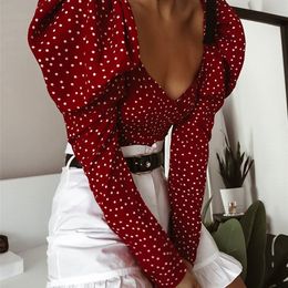 OOTN Vintage Polka Dot Women Puff Long Sleeve Wrap Top Elegant Lace Up Red Crop Top Blouse Sexy Backless Chic Female Shirts 220407