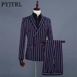 PYJTRL Brand Men's Fashion Blue Stripe Blazer Pants Two Piece Groomsmen Wedding Suit Mens Suits Latest Coat Pant Designs T200319