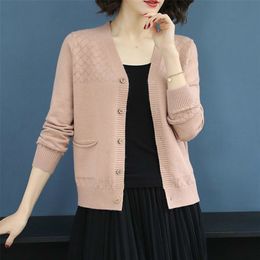 PEONFLY Women Knitted Sweater Cardigans Long Sleeve V neck Button Pocket Korean Knit Jacket Loose Cardigans Cashmere Tops 201203