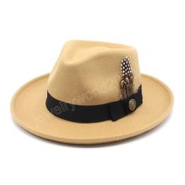 Feather band Wool Felt Fedora Hat Men Curved Brim Panama Party Trilby Cowboy Cap Gentleman Wedding Jazz Hat