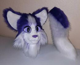 Purple Plush Cat Fursuit Partial Animal Costume Kitty Mascot Head and Tail