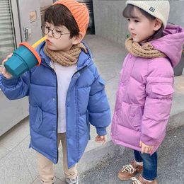 2021 New Children Fashion Pure Down Medium Length Men And Women Cotton Quilted Jacket Thickened Hooded Warm Long Jacket J220718