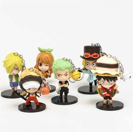 10cm One Piece Keychain Cartoon Figures 6Pcs/Set Sabo Roronoa Zoro Sanji Nami Law Bell Key Chain PVC Action Figures Model Toys