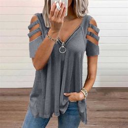 Summer Women Fashion Casual Tshirts Summer Top Tee Tops V neck Hollow out Zipper Design Tee-Shirts Plus Size Solid T-shirt 210716