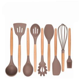 9 Pieces of Silicone Handle with Wooden Handle Nonstick Kitchen Utensils Set Cooking Shovel Spoon Tool Kitchen Utensils Cooking T200415