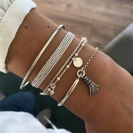 Beaded Strands Vintage Boho Fashion Silver Color Rope Chain Disc Metal Tassel Pendant Set Bracelet For Women 2022 Multilevel Geometry Jewel