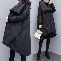Women's Down & Parkas Women PU Leather Turn Collar High Street Solid Black Coats Elegant Winter Thick Cotton Jackets Loose Outerwear