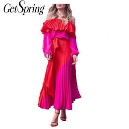 GetSpring Women Dress Slash Off Shoulder Dresses Evening Party Dress Plus Size Summer Dresses Bandage Pleated Long Red Dress LJ200808