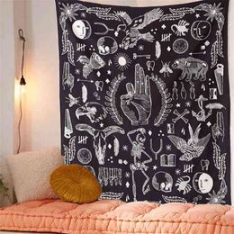 Black Hanging Wall Rugs Hippie Mandala Hand Ok Skull Goat Eagle Boho Decor Bedroom Prophecy Halloween Tapestry Psychedelic J220804