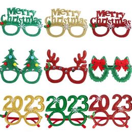 Glitter Christmas Glasses Decoration 2022 2023 Holiday Glass Frame Xmas Home Decorations Gifts F0722